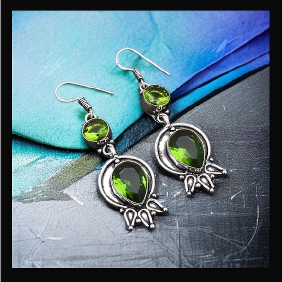 Peridot Handcrafted Drop Dangle Hook Style Earrings 2.32" Long Made In India NWT - Picture 6 of 16